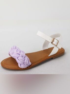 BAMBOO White Ankle Strap Sandals with Lavender Braided Toe